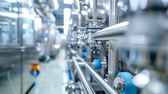Stainless steel piping and valves in a modern industrial facility